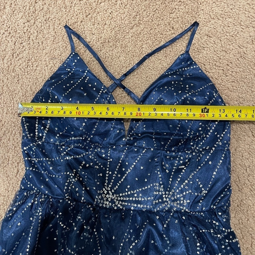 Womens Royal Blue V-neck Glitter Hi-cut Slit Prom Dress - Picture 4 of 11